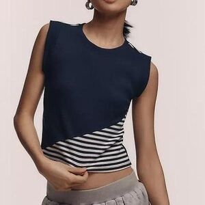 Maeve Anthropologie Asymmetrical Navy and White Striped Women's Top